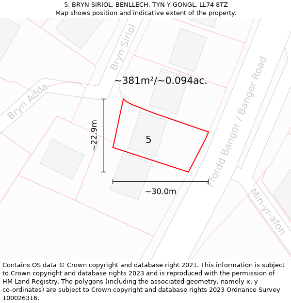 5, BRYN SIRIOL, BENLLECH, TYN-Y-GONGL, LL74 8TZ: Plot and title map