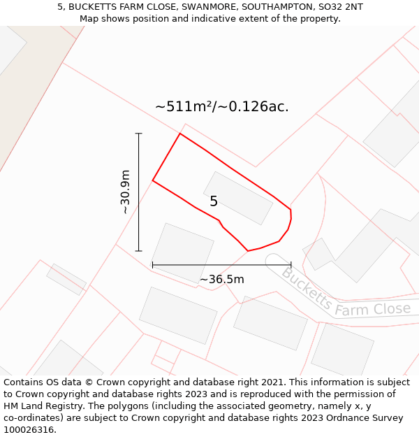 5, BUCKETTS FARM CLOSE, SWANMORE, SOUTHAMPTON, SO32 2NT: Plot and title map