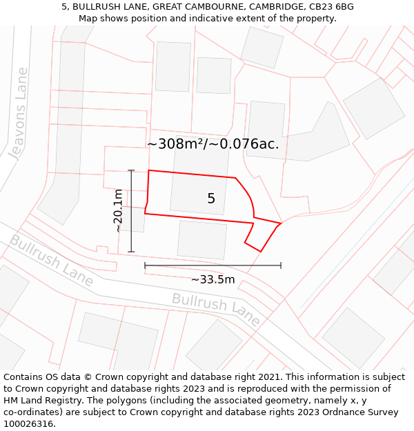 5, BULLRUSH LANE, GREAT CAMBOURNE, CAMBRIDGE, CB23 6BG: Plot and title map