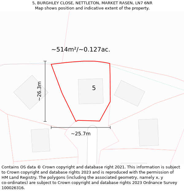 5, BURGHLEY CLOSE, NETTLETON, MARKET RASEN, LN7 6NR: Plot and title map