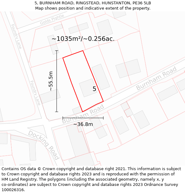 5, BURNHAM ROAD, RINGSTEAD, HUNSTANTON, PE36 5LB: Plot and title map