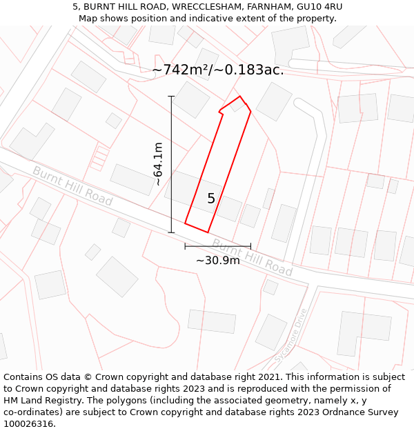 5, BURNT HILL ROAD, WRECCLESHAM, FARNHAM, GU10 4RU: Plot and title map