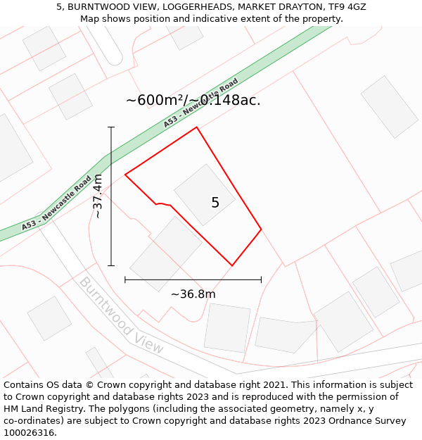 5, BURNTWOOD VIEW, LOGGERHEADS, MARKET DRAYTON, TF9 4GZ: Plot and title map