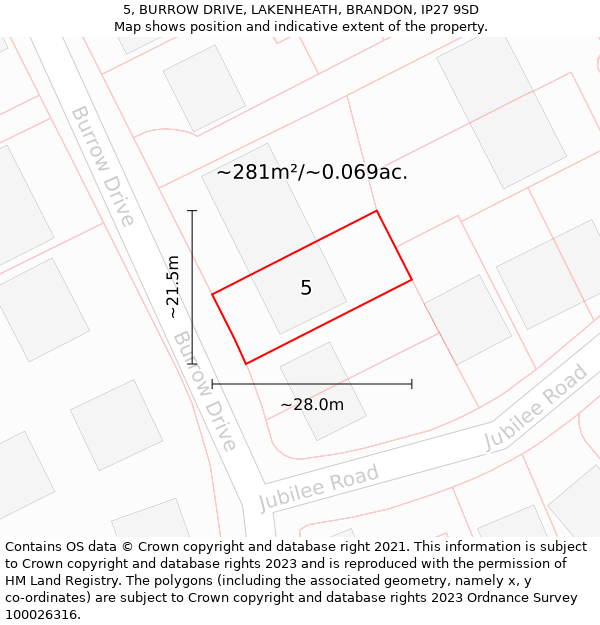 5, BURROW DRIVE, LAKENHEATH, BRANDON, IP27 9SD: Plot and title map