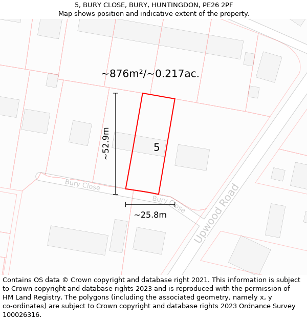 5, BURY CLOSE, BURY, HUNTINGDON, PE26 2PF: Plot and title map