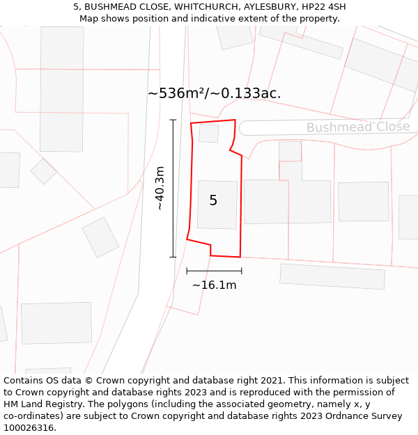 5, BUSHMEAD CLOSE, WHITCHURCH, AYLESBURY, HP22 4SH: Plot and title map