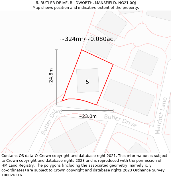 5, BUTLER DRIVE, BLIDWORTH, MANSFIELD, NG21 0QJ: Plot and title map