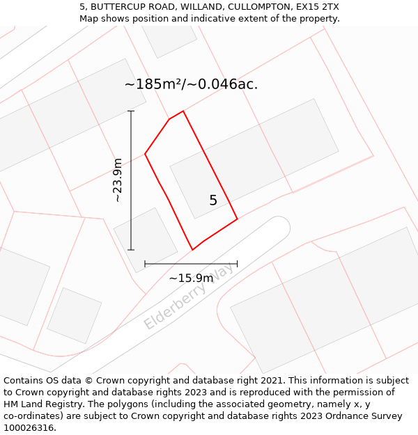 5, BUTTERCUP ROAD, WILLAND, CULLOMPTON, EX15 2TX: Plot and title map