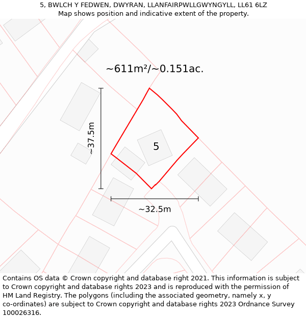 5, BWLCH Y FEDWEN, DWYRAN, LLANFAIRPWLLGWYNGYLL, LL61 6LZ: Plot and title map