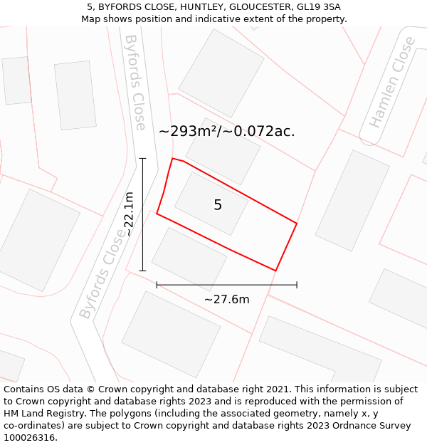 5, BYFORDS CLOSE, HUNTLEY, GLOUCESTER, GL19 3SA: Plot and title map