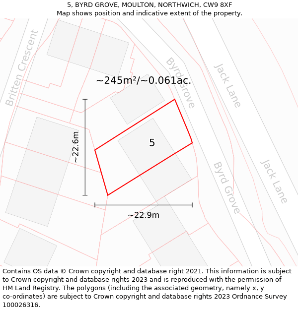 5, BYRD GROVE, MOULTON, NORTHWICH, CW9 8XF: Plot and title map