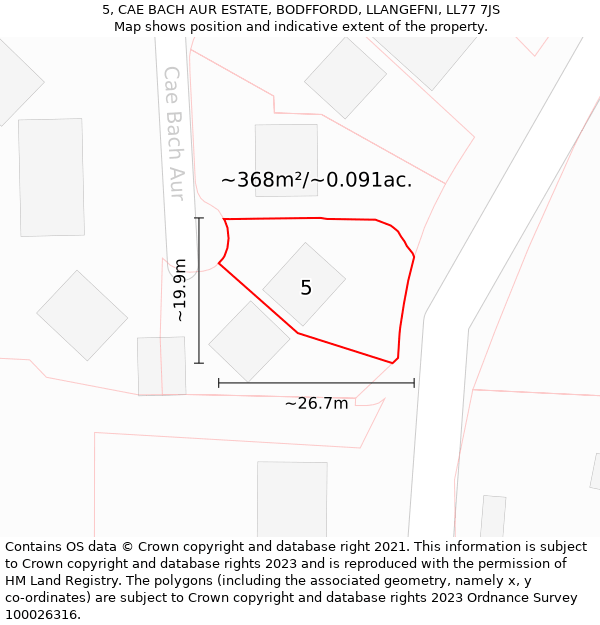 5, CAE BACH AUR ESTATE, BODFFORDD, LLANGEFNI, LL77 7JS: Plot and title map