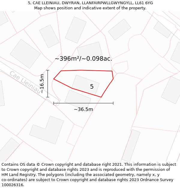 5, CAE LLEINIAU, DWYRAN, LLANFAIRPWLLGWYNGYLL, LL61 6YG: Plot and title map