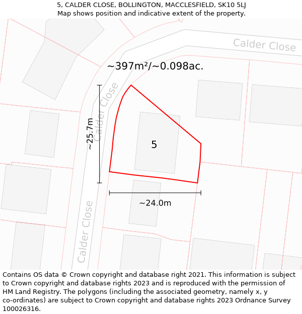 5, CALDER CLOSE, BOLLINGTON, MACCLESFIELD, SK10 5LJ: Plot and title map