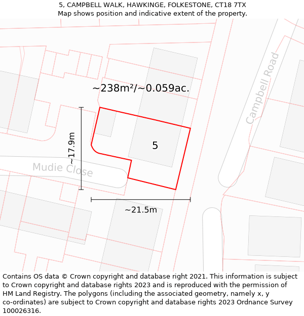 5, CAMPBELL WALK, HAWKINGE, FOLKESTONE, CT18 7TX: Plot and title map