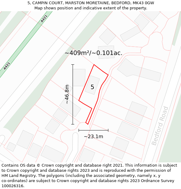 5, CAMPIN COURT, MARSTON MORETAINE, BEDFORD, MK43 0GW: Plot and title map