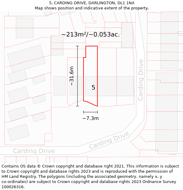 5, CARDING DRIVE, DARLINGTON, DL1 1NA: Plot and title map