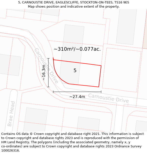 5, CARNOUSTIE DRIVE, EAGLESCLIFFE, STOCKTON-ON-TEES, TS16 9ES: Plot and title map