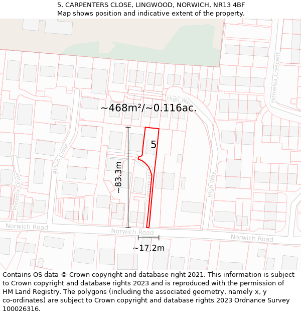5, CARPENTERS CLOSE, LINGWOOD, NORWICH, NR13 4BF: Plot and title map