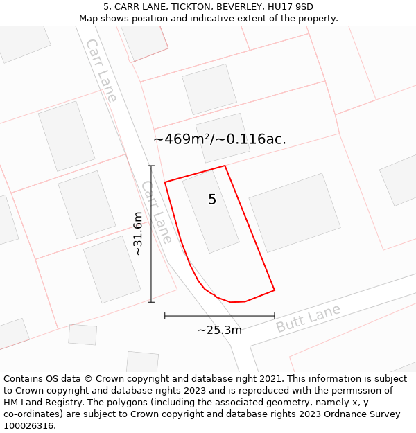 5, CARR LANE, TICKTON, BEVERLEY, HU17 9SD: Plot and title map