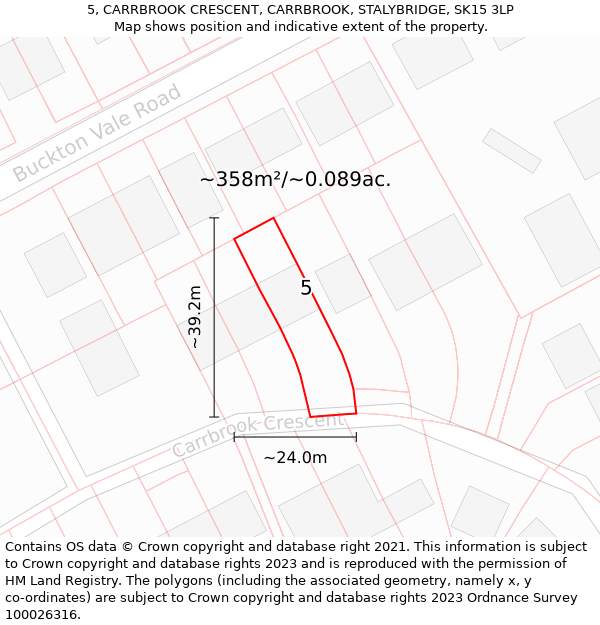 5, CARRBROOK CRESCENT, CARRBROOK, STALYBRIDGE, SK15 3LP: Plot and title map