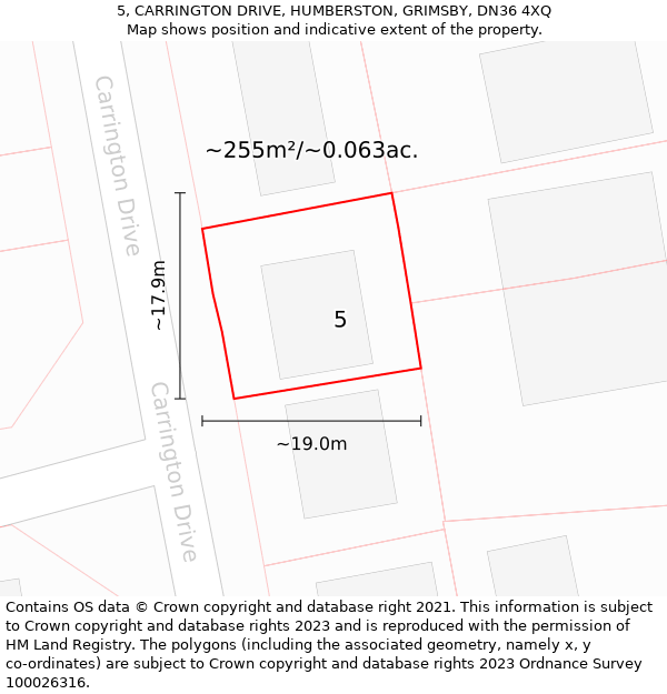 5, CARRINGTON DRIVE, HUMBERSTON, GRIMSBY, DN36 4XQ: Plot and title map