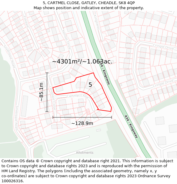 5, CARTMEL CLOSE, GATLEY, CHEADLE, SK8 4QP: Plot and title map