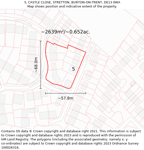 5, CASTLE CLOSE, STRETTON, BURTON-ON-TRENT, DE13 0WA: Plot and title map