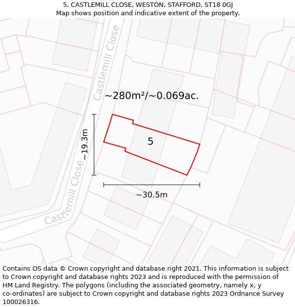 5, CASTLEMILL CLOSE, WESTON, STAFFORD, ST18 0GJ: Plot and title map