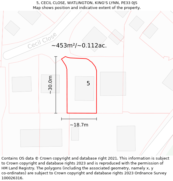 5, CECIL CLOSE, WATLINGTON, KING'S LYNN, PE33 0JS: Plot and title map