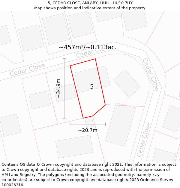 5, CEDAR CLOSE, ANLABY, HULL, HU10 7HY: Plot and title map