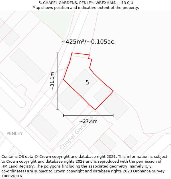 5, CHAPEL GARDENS, PENLEY, WREXHAM, LL13 0JU: Plot and title map