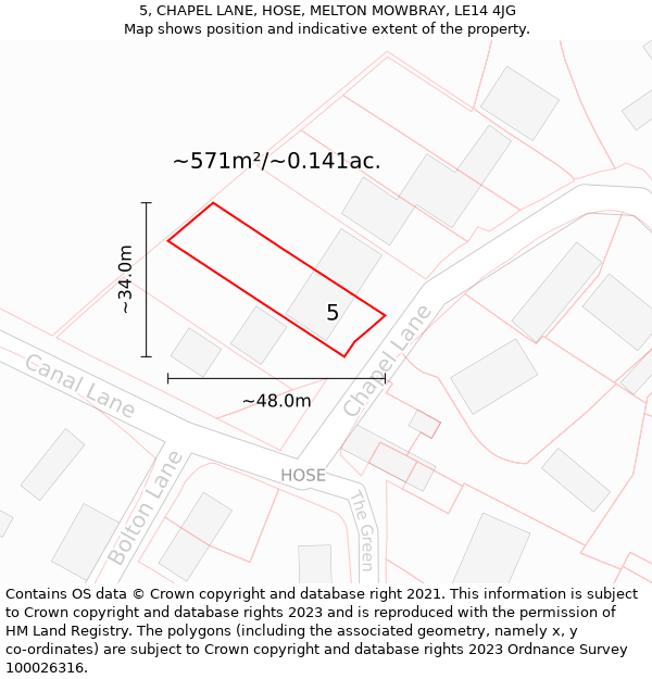 5, CHAPEL LANE, HOSE, MELTON MOWBRAY, LE14 4JG: Plot and title map