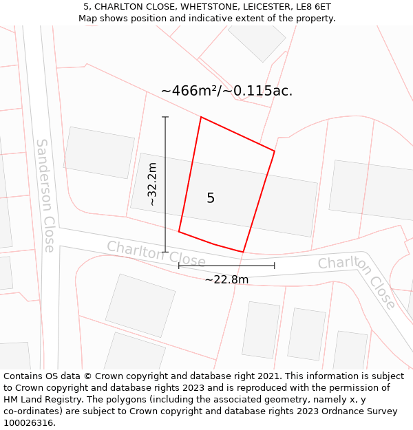 5, CHARLTON CLOSE, WHETSTONE, LEICESTER, LE8 6ET: Plot and title map