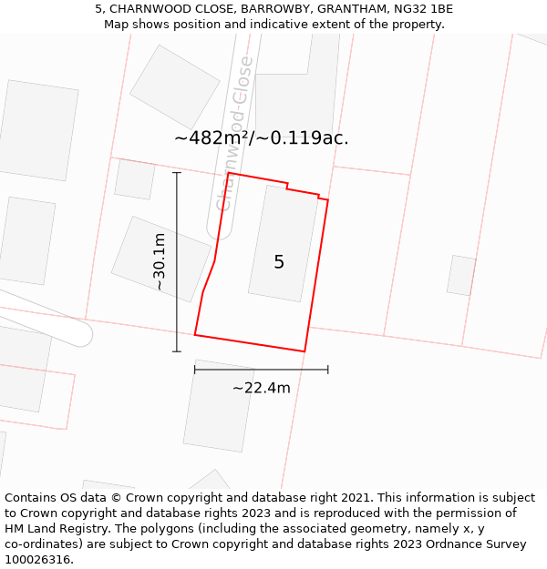 5, CHARNWOOD CLOSE, BARROWBY, GRANTHAM, NG32 1BE: Plot and title map