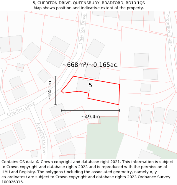 5, CHERITON DRIVE, QUEENSBURY, BRADFORD, BD13 1QS: Plot and title map