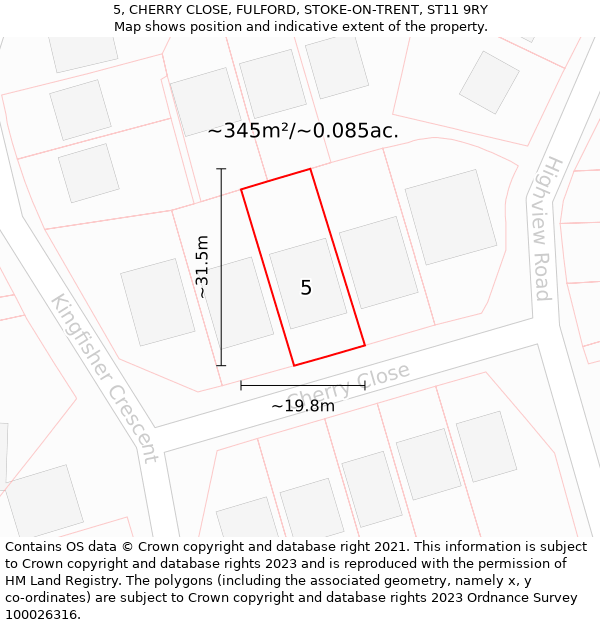 5, CHERRY CLOSE, FULFORD, STOKE-ON-TRENT, ST11 9RY: Plot and title map