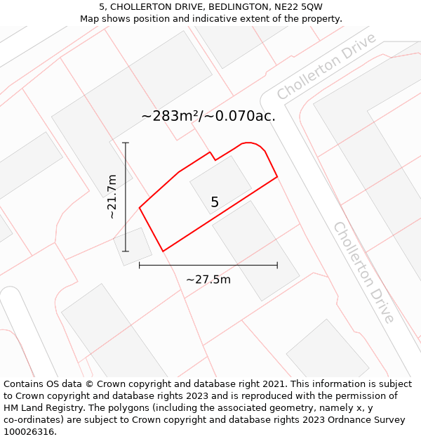 5, CHOLLERTON DRIVE, BEDLINGTON, NE22 5QW: Plot and title map