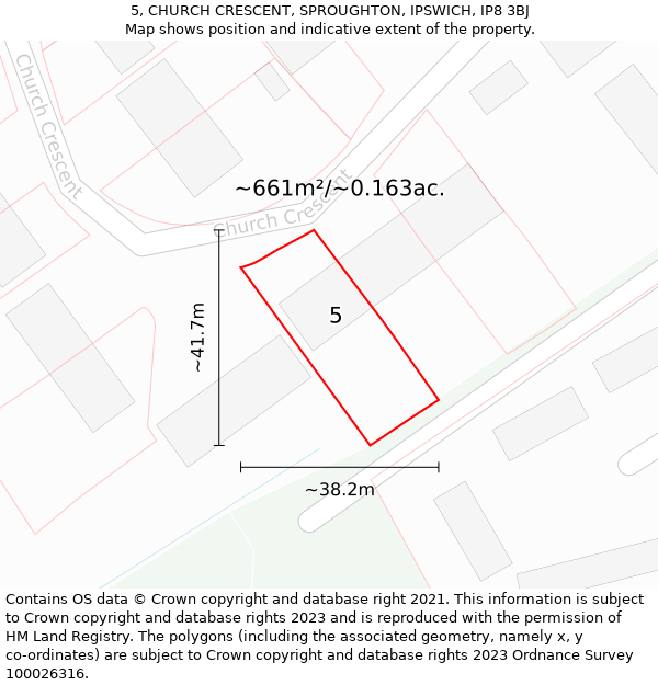 5, CHURCH CRESCENT, SPROUGHTON, IPSWICH, IP8 3BJ: Plot and title map