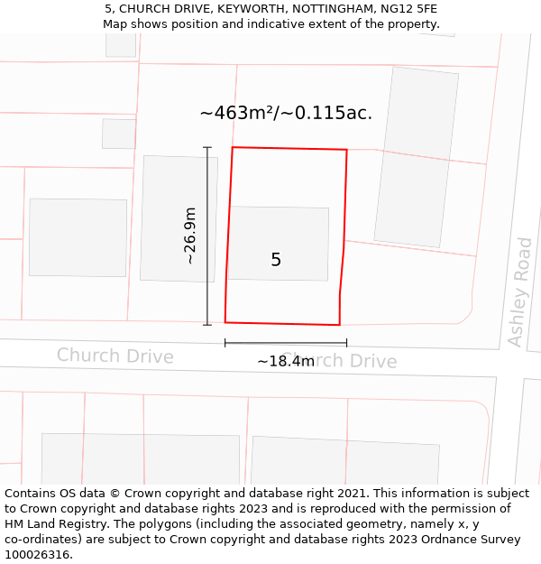 5, CHURCH DRIVE, KEYWORTH, NOTTINGHAM, NG12 5FE: Plot and title map