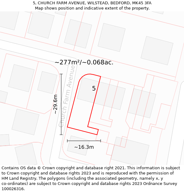 5, CHURCH FARM AVENUE, WILSTEAD, BEDFORD, MK45 3FA: Plot and title map