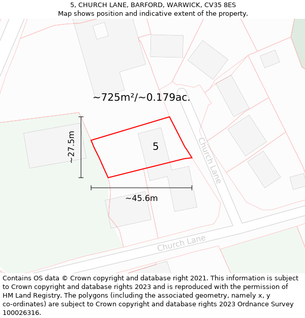 5, CHURCH LANE, BARFORD, WARWICK, CV35 8ES: Plot and title map