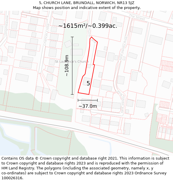 5, CHURCH LANE, BRUNDALL, NORWICH, NR13 5JZ: Plot and title map