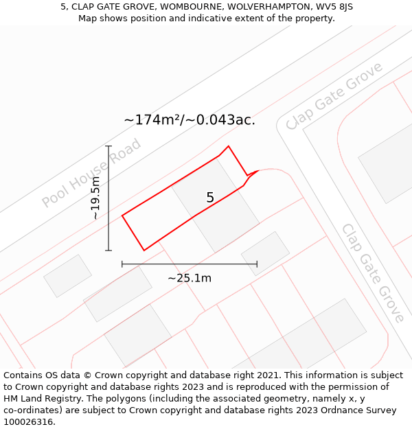 5, CLAP GATE GROVE, WOMBOURNE, WOLVERHAMPTON, WV5 8JS: Plot and title map