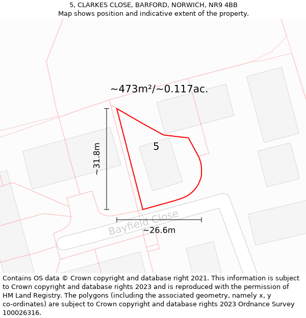 5, CLARKES CLOSE, BARFORD, NORWICH, NR9 4BB: Plot and title map