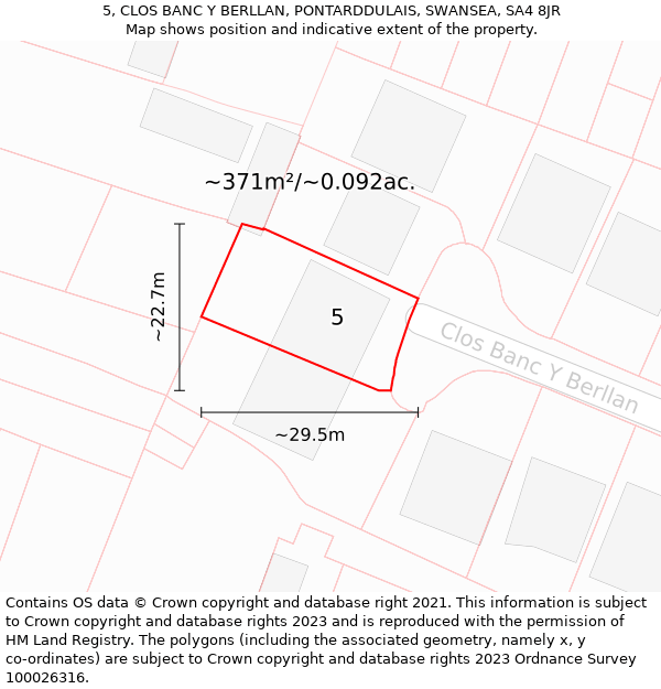 5, CLOS BANC Y BERLLAN, PONTARDDULAIS, SWANSEA, SA4 8JR: Plot and title map
