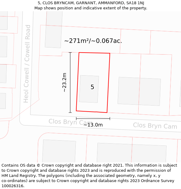 5, CLOS BRYNCAM, GARNANT, AMMANFORD, SA18 1NJ: Plot and title map