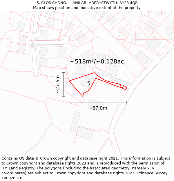 5, CLOS CADNO, LLANILAR, ABERYSTWYTH, SY23 4QR: Plot and title map