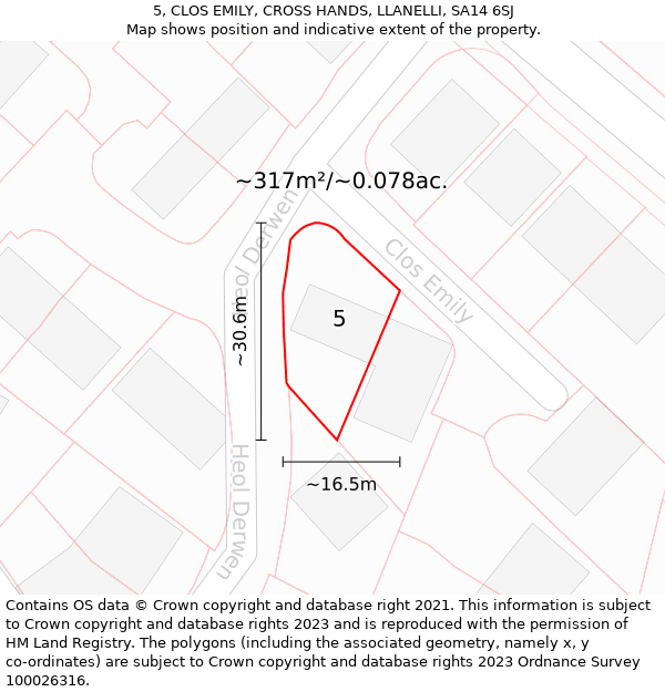 5, CLOS EMILY, CROSS HANDS, LLANELLI, SA14 6SJ: Plot and title map