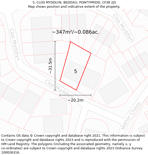 5, CLOS MYDDLYN, BEDDAU, PONTYPRIDD, CF38 2JS: Plot and title map